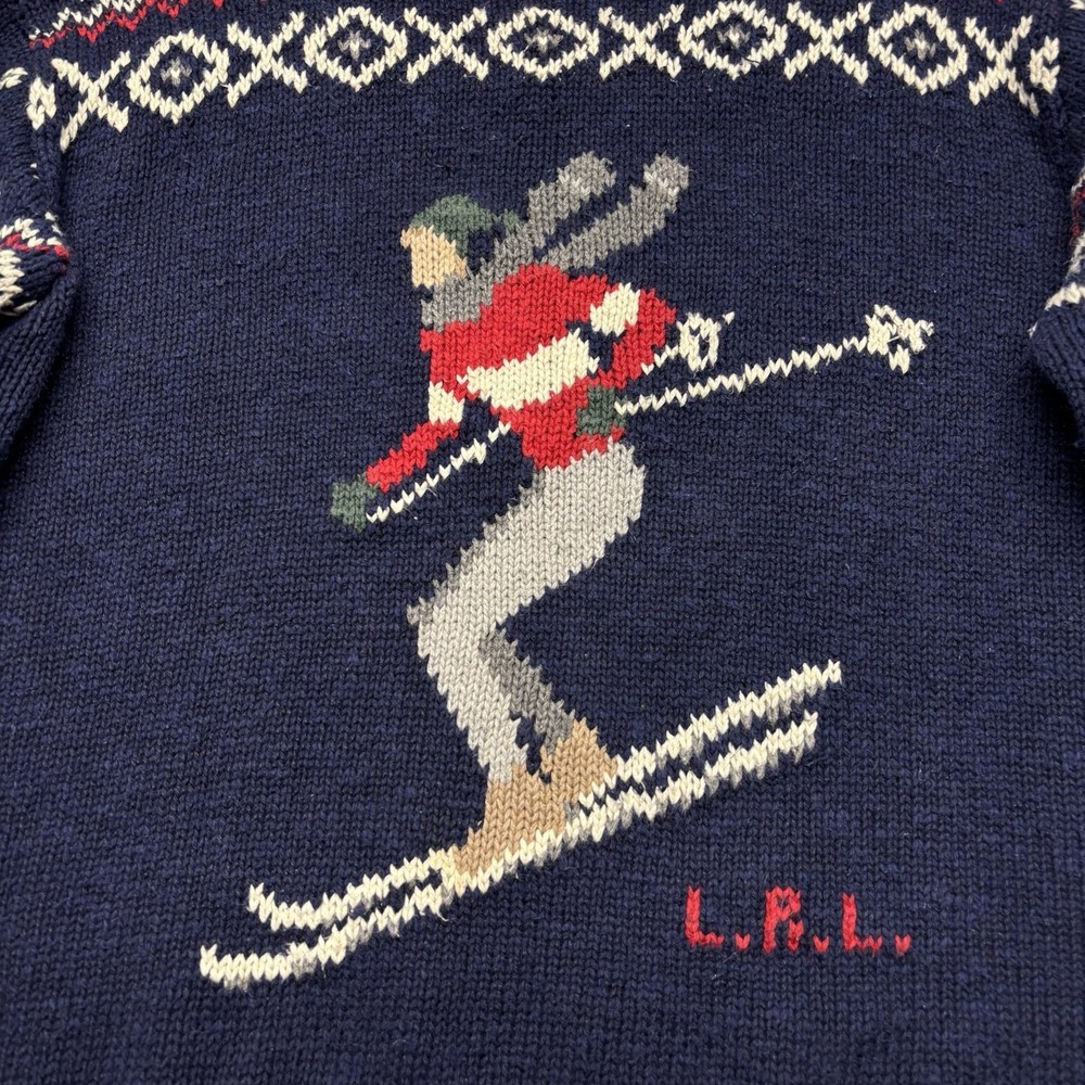 Lauren Ralph Lauren Navy Ski Jumper Sweater with Red, Cream, Gray, Brown Accents - Picture 4 of 16